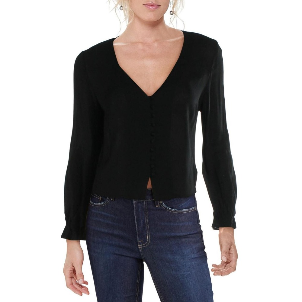 JOE'S Jeans Bailey Black Rayon Long Sleeve V-Neck Button Up Shirt S S19BBD1938